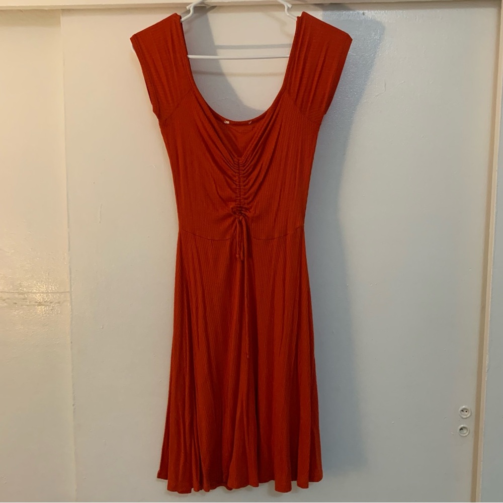 Orange Ruched Fit and Flare Midi Dress